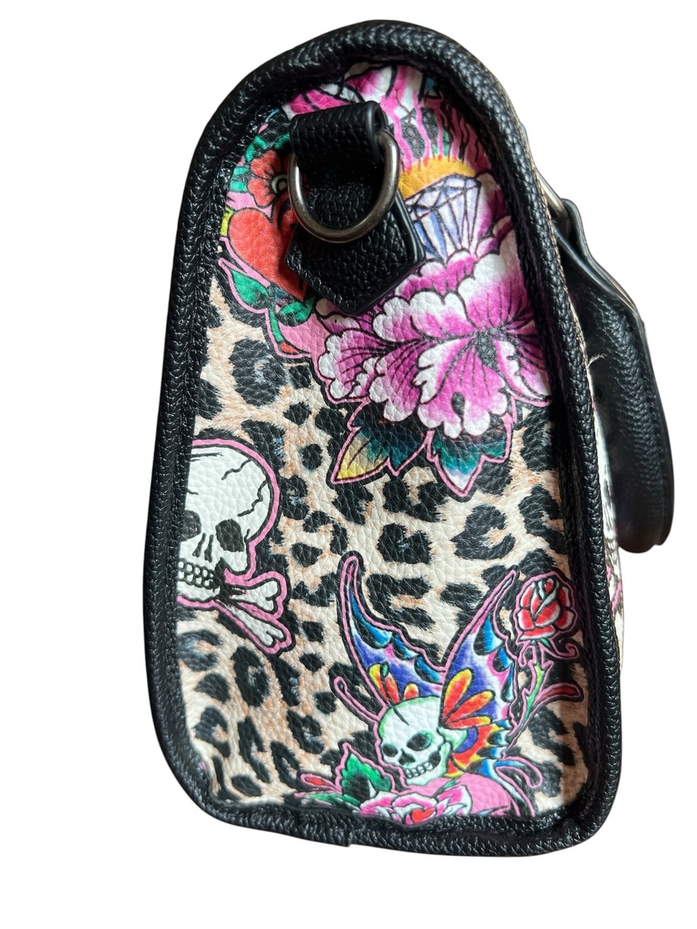 Ed Hardy Black Leopard Print Floral Skull Satchel - Black - Picture 6 of 10